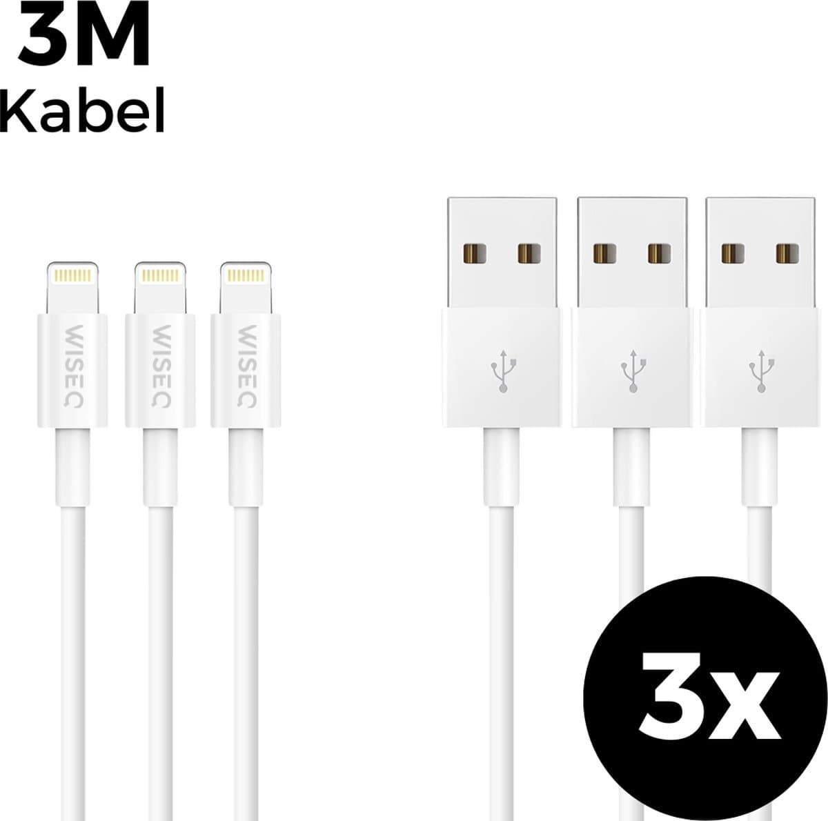 WISEQ 3 iPhone Lightning Kabels - 3 Meter - Set van 3 - USB naar Lightning Oplaadkabels - Apple iPhone 14 / iPhone 13 / iPhone 12
