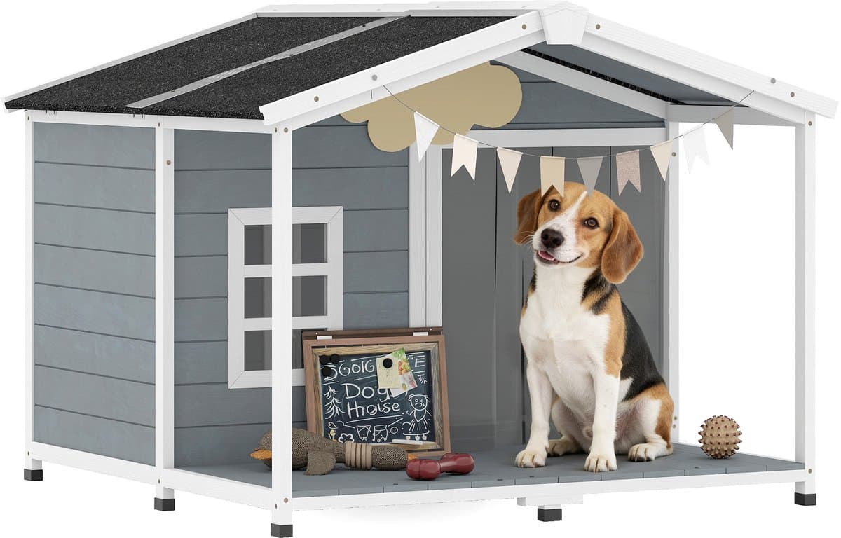 Weerbestendig verhoogd houten hondenhok met asfalt dak en terras - voor middelgrote honden - 103x107x83 - 5 cm - grijs