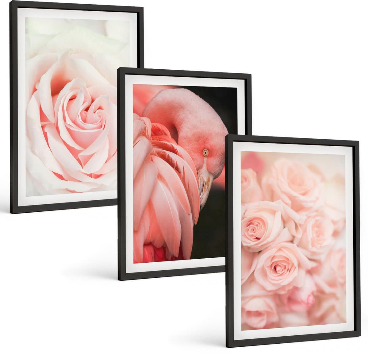Wallfluent 4-Delige Schilderij Set - Pastelrozen en flamingo's in delicate tinten - 40 x 60 cm - Wanddecoratie - Schilderijen Set - Interieur - Stijlvolle Muurdecoratie