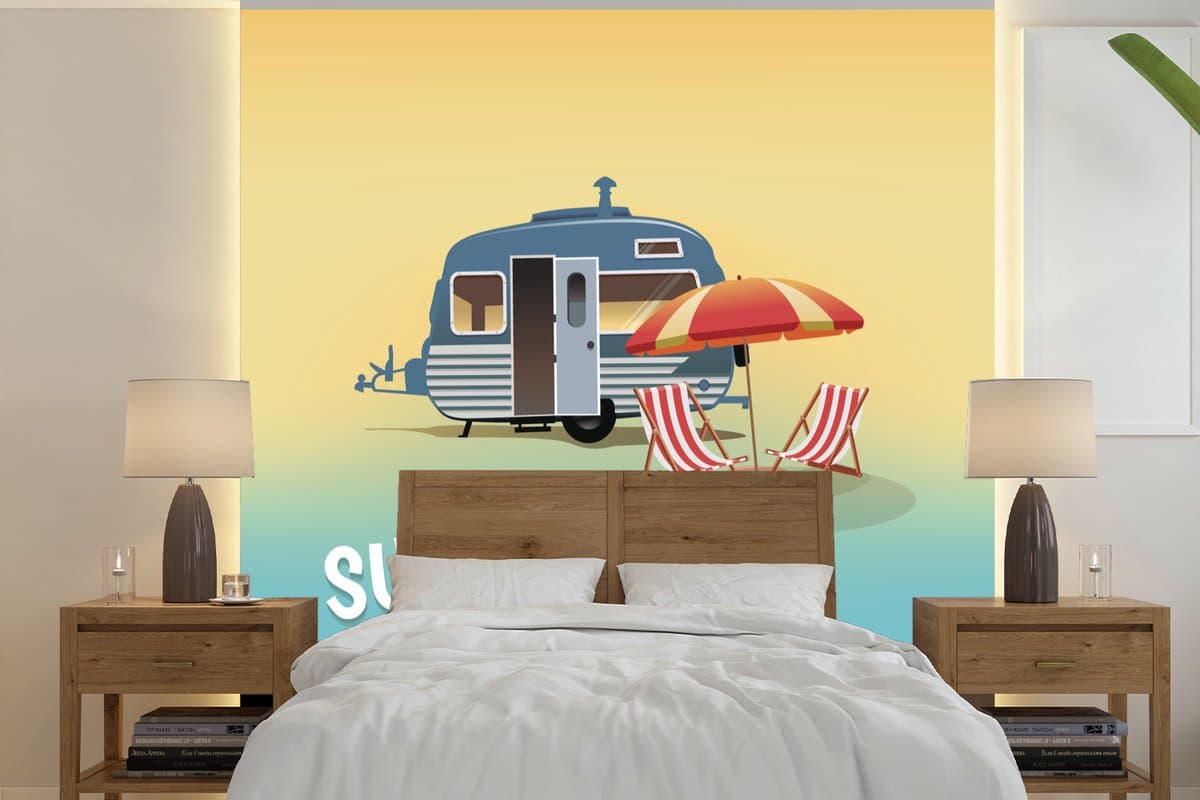 Behang - Fotobehang Illustratie van een caravan aan zee - Breedte 350 cm x hoogte 350 cm