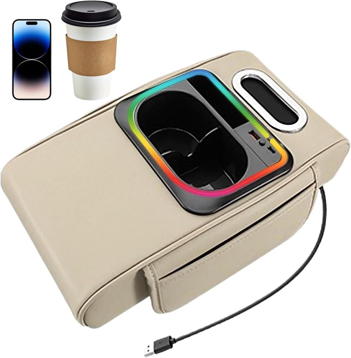 Auto Armleuning Box - Middenconsole Organizer - Auto Interieur Net - Met Bekerhouder - 37x22x10 cm - Kaki