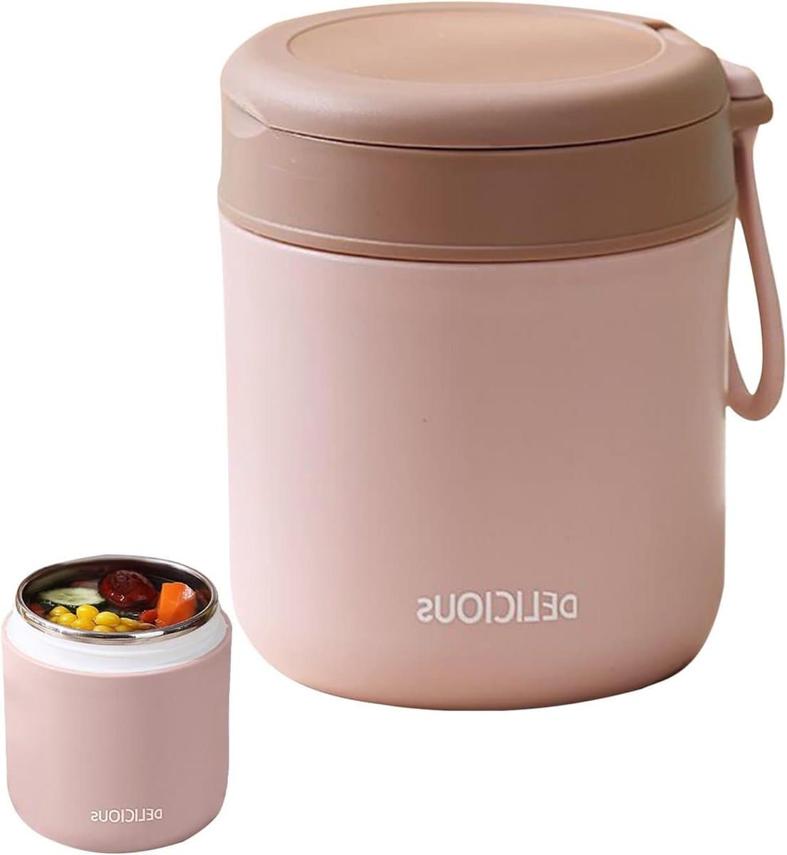 Geïsoleerde Lunchpot - Voedselcontainer Thermosfles - Maaltijden Meenemen - Inclusief Opvouwbare Lepel - 430 ml - Roze