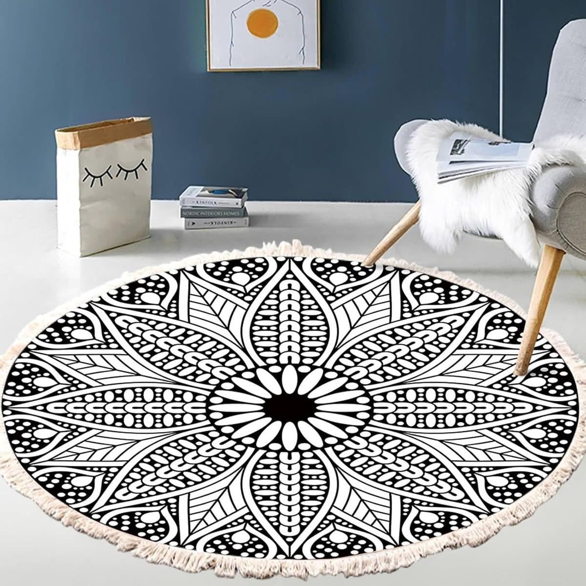 Ronde Buitenmat - Terraskleed Vloerkleed - Buiten Decoratie - Mandala Bloem Motief - 200 cm - Zwart Wit