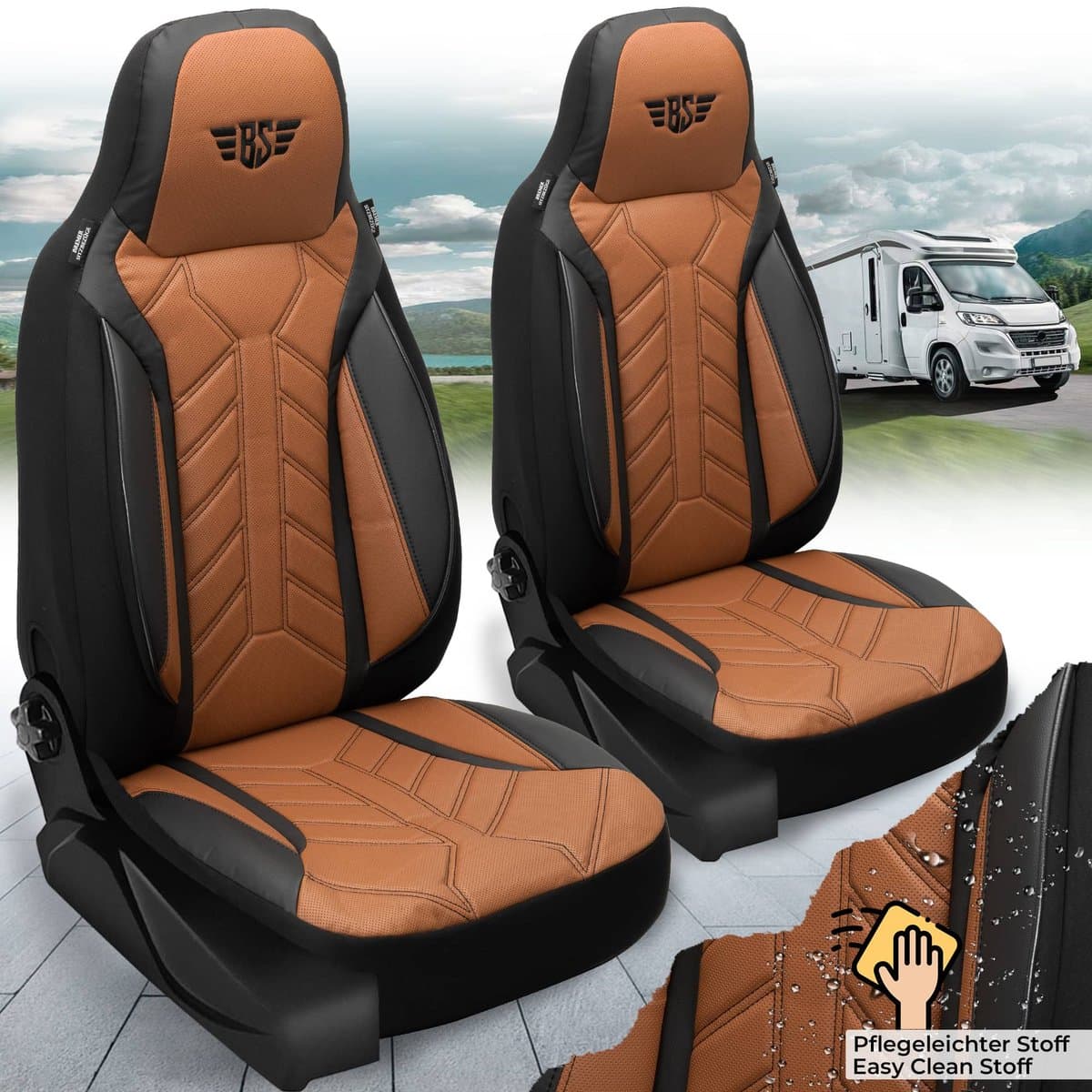 Premium Camper stoelhoezen voor LMC Tourer A Breezer Sportline DPL511 in Zwart/Chocoladebruin (2 losse stoelen)