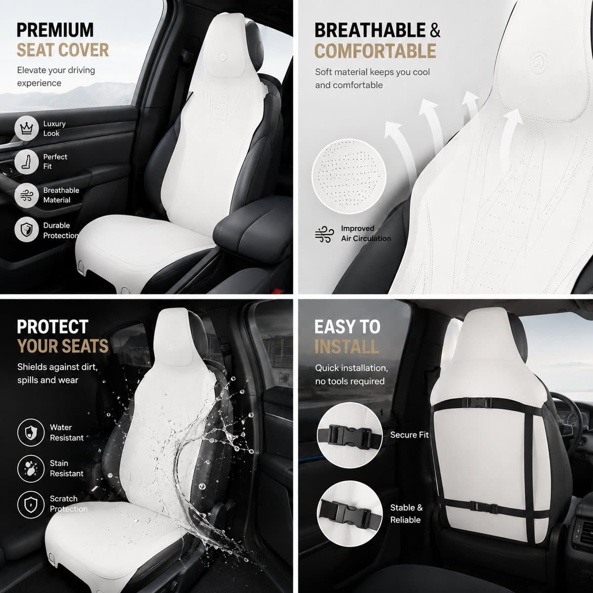 AIM Autostoelbeschermer – Luxe PU Imitatieleer Zit- en Rugkussen - Set van 2 – Nissan Note 2 – Airbag Compatibel - M14 - Wit