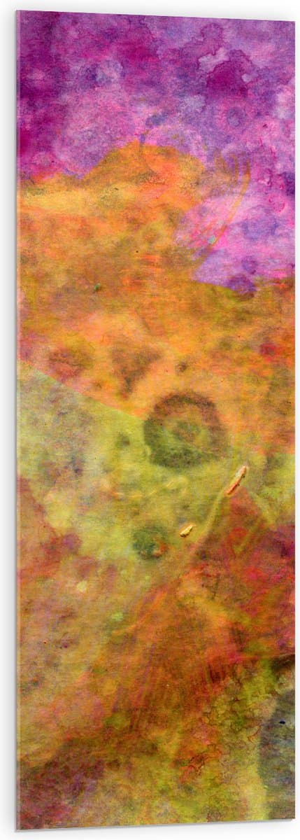 Acrylglas - Abstracte Vormen in Oranje, Gele en Paarse Tinten - 40x120 cm Foto op Acrylglas (Met Ophangsysteem)