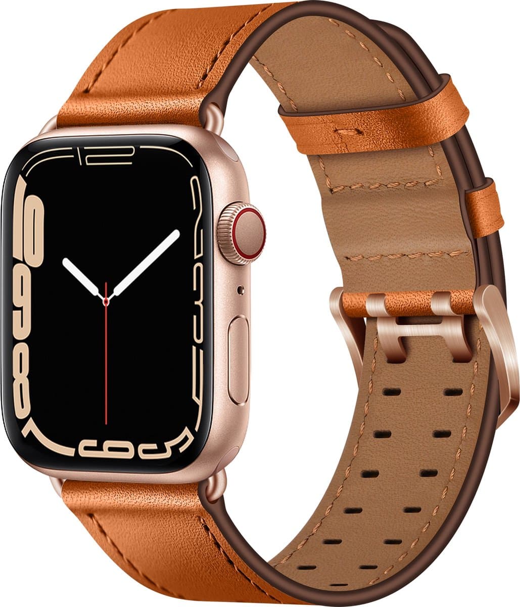 By Qubix - Leren band met twin gesp - Lichtbruin met rosé gesp - Geschikt voor Apple Watch 38mm / 40mm / 41mm / 42mm