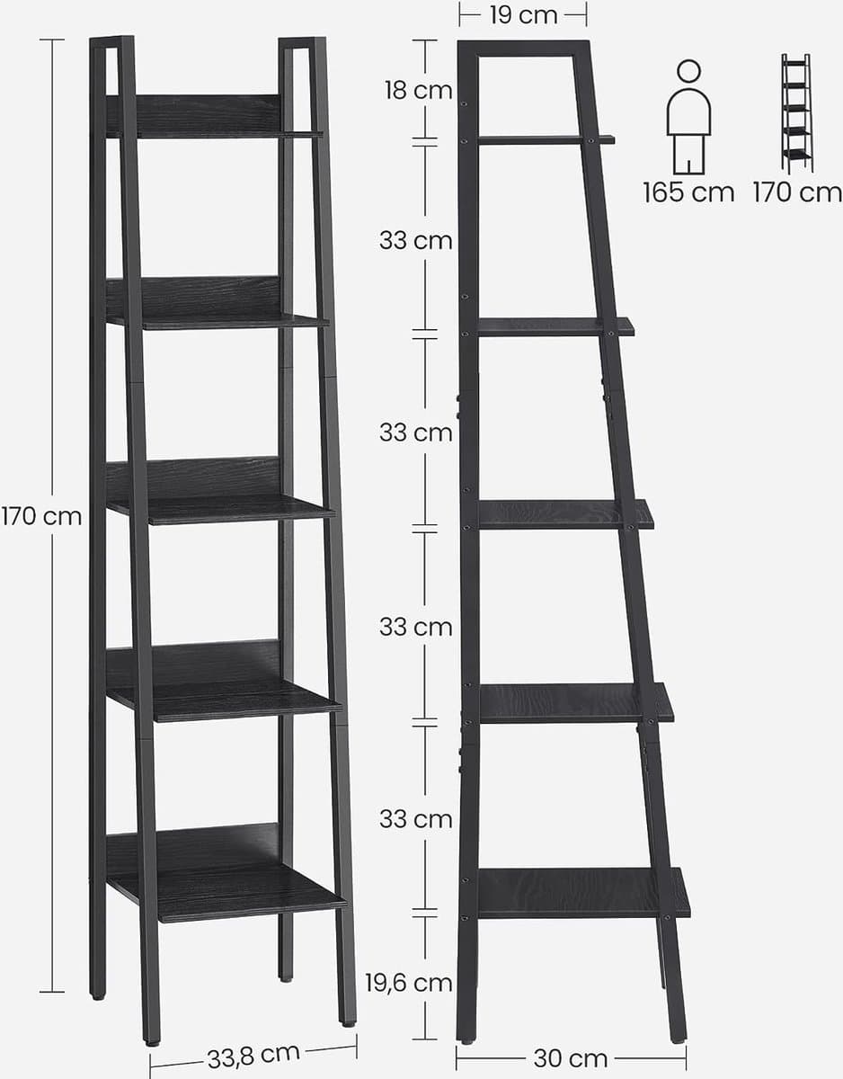 Woonkamerkast - Ladderplank - Met 5 niveaus - Metalen frame - Zwart