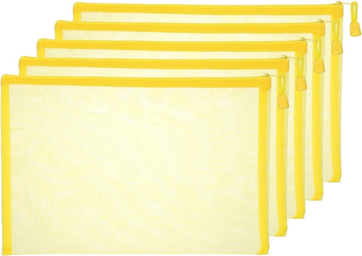 PATIKIL A4 Mesh Rits Pouch Tassen, 5 STKS Mesh Zakken met Rits Plastic Opbergzak voor het Organiseren van Bestandskralen Kantoor Huisbenodigdheden, 34x24cm, Geel