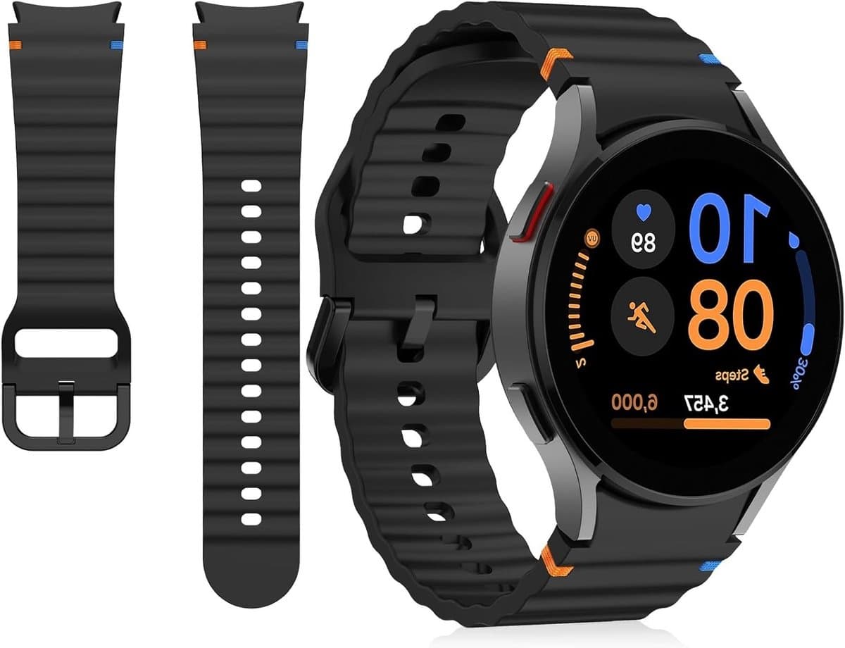 Sportieve silicone horlogeband voor 40 mm en 44 mm smartwatches, verstelbaar, zwart en geschikt voor Galaxy Watch 5 Pro, 6 Classic en meer
