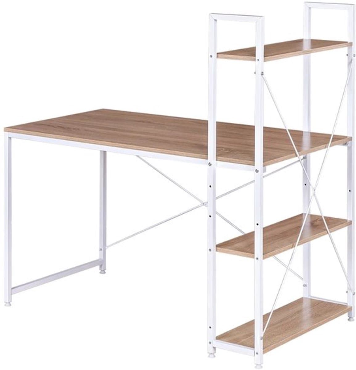 Bureau - Hoekbureau - Computertafel - Office Bureau - met 4 Planken – Compact Werkstation –Voor Gaming - Studeren - Kantoor – Laptop of PC Tafel – E1 Hout & Metaal – 120x64x120 cm - Licht Eiken en Wit