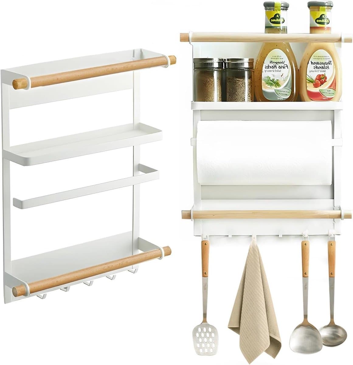 3-laags Magnetisch Kruidrek voor Koelkast met 6 Haken, Houten Design voor Specerijen, Keukenhanddoeken en Potten