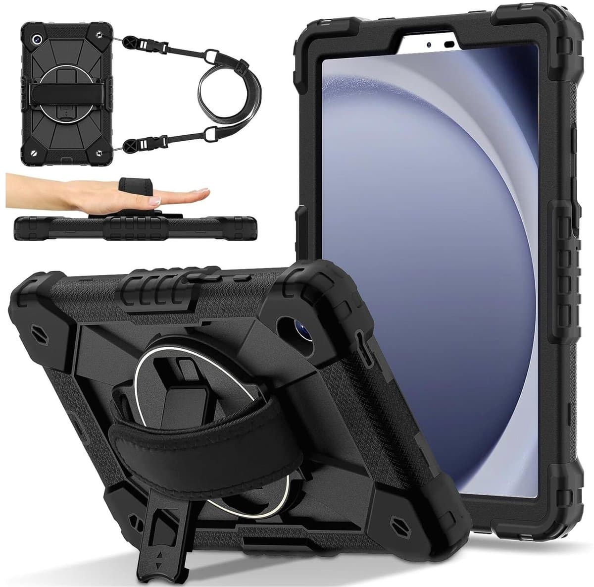 Hoes Geschikt voor Samsung Galaxy Tab A11 - Back Cover met Handriem - 360° Draaibare Kickstand Standaard - Beschermhoes Zwart