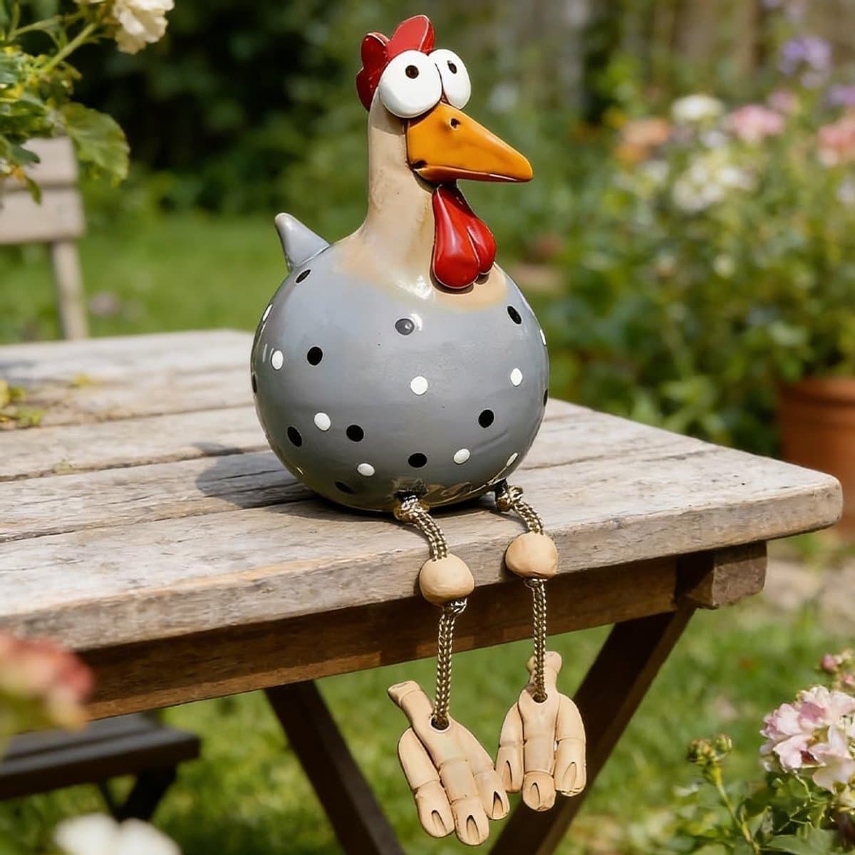JeiibrZui Handgemaakt Tuinbeeld Haan - 9x9x15 Cm - 1 Stuk - Grijs - Leuke Keramiek Look Hennenfiguur Voor Terras En Bloembak