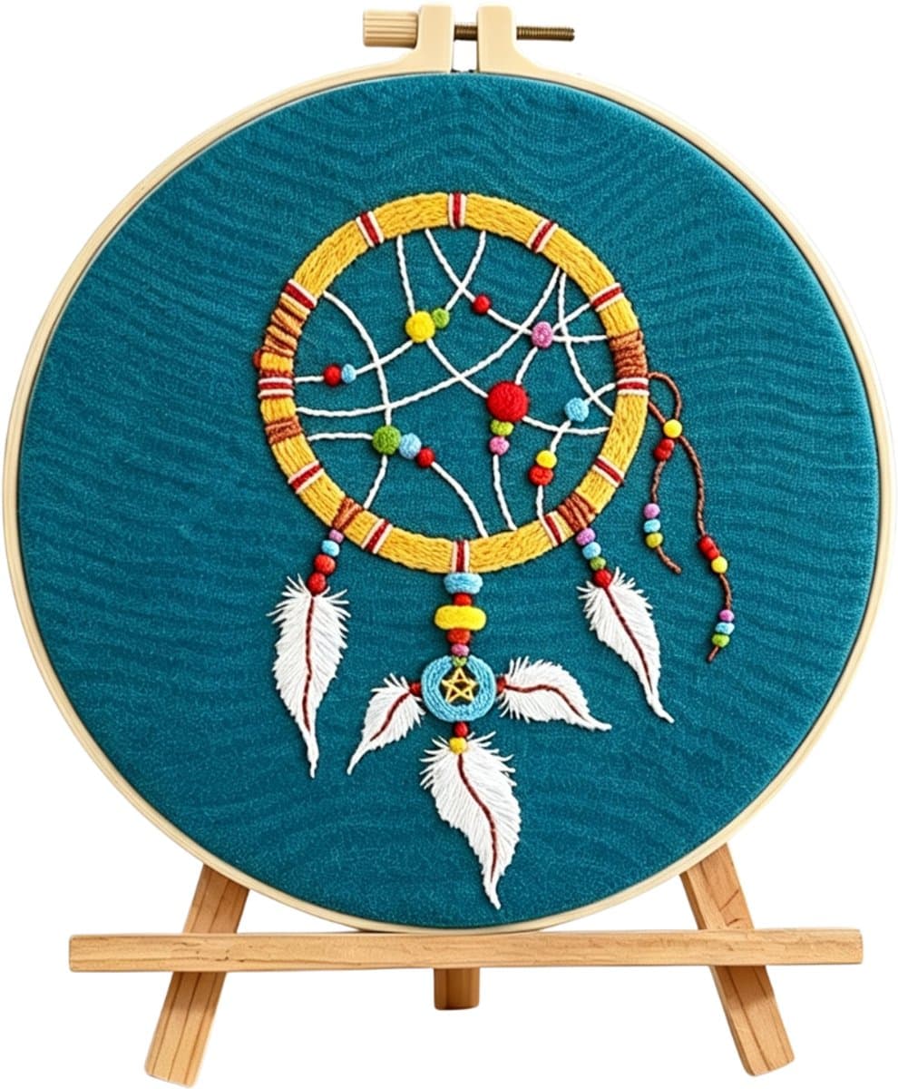 PREMIUM Borduurpakket Volwassenen – Borduren – Creatieve hobby – Ontspanning Thuis – Cadeau idee – Compleet pakket met extra’s – Echte HOUTEN borduurring (geen plastic) – DIY decoratie – Dromenvanger – Kleurrijk – Dreamcatcher Sky