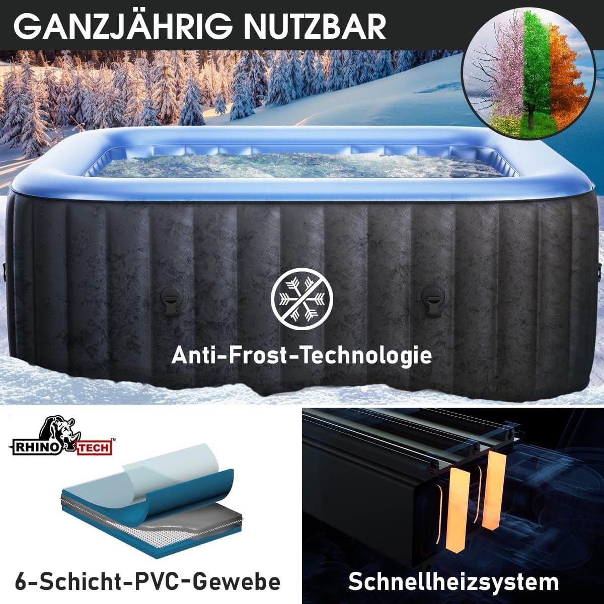 Opblaasbare Hottub Spa 185x185 cm – 930L – 132 Jets – 240V Verwarming – 6 Personen – Vierkante Jacuzzi met Timer, Diep Design (86 cm) & Bubble Massage – Laura