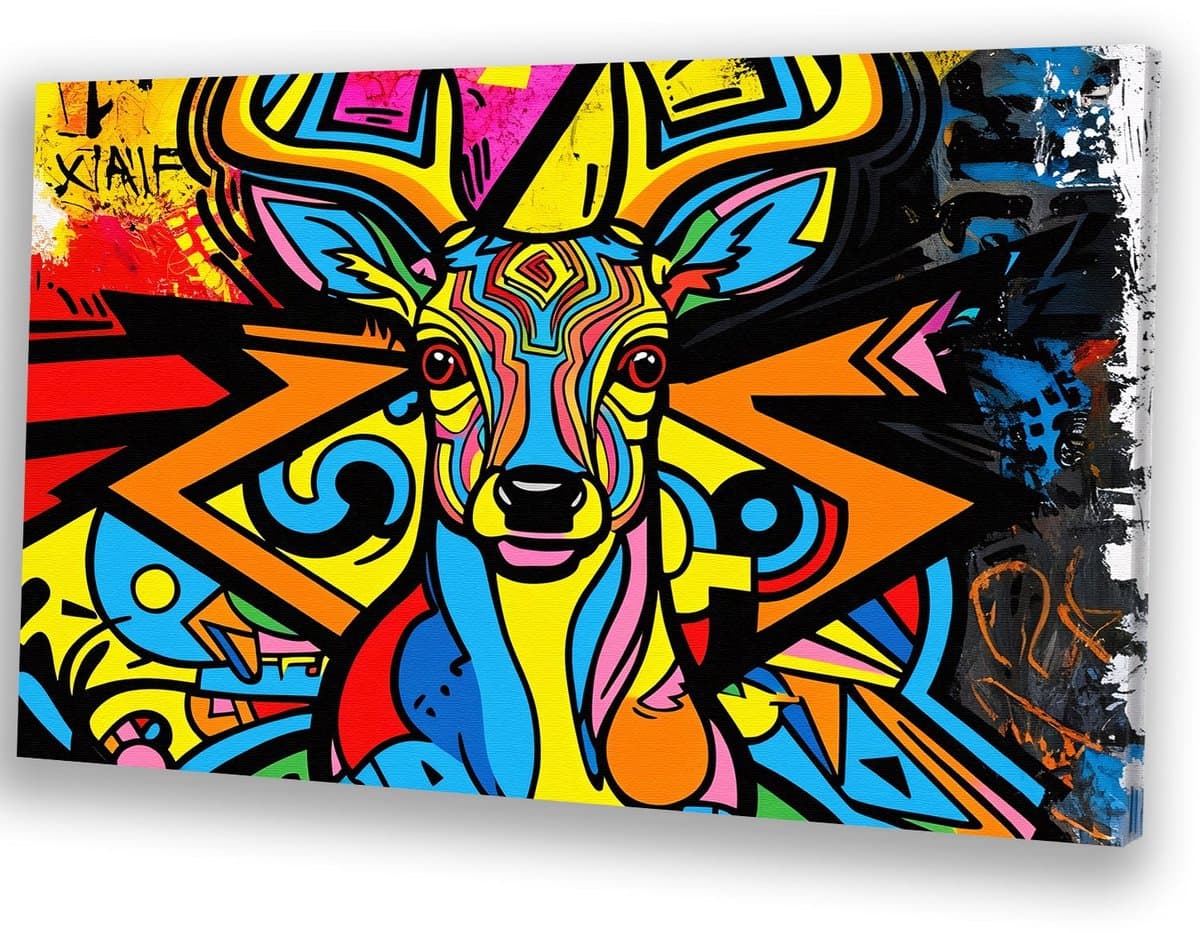 Kleurrijke popart hertenafbeelding - Hert wanddecoratie - Muurkunst dier - Pop Art - Muurdecoratie kinderkamer - Wanddecoratie - canvas 150x100 cm