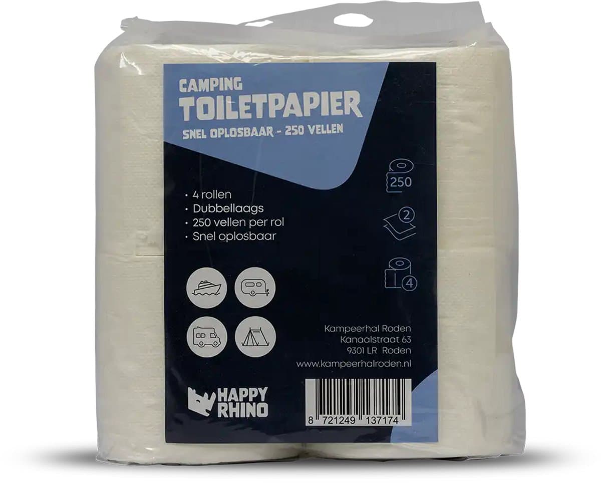 Happy Rhino - Toiletpapier Snel Oplosbaar 250Vel 2-Laags 4Rollen - 10 x 10 x 10 cm