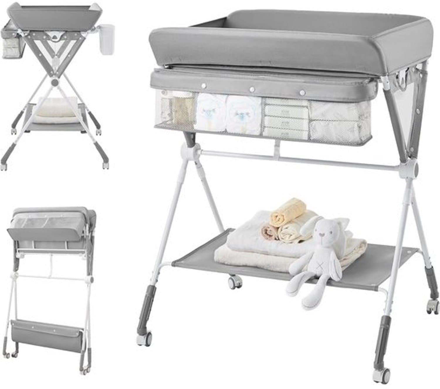 Draagbare opvouwbare babycommode - met organizers - 3 niveaus in hoogte verstelbaar - 4 wielen