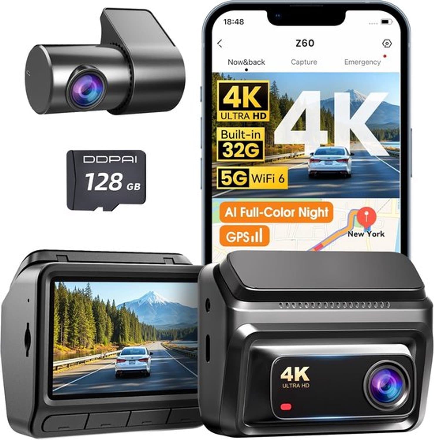 Dashcam Echte 4K + 1080P Voor- En Achtercamera - 32GB Ingebouwde Opslag - 5G WiFi 6 GPS - Zwart - Auto Beveiliging