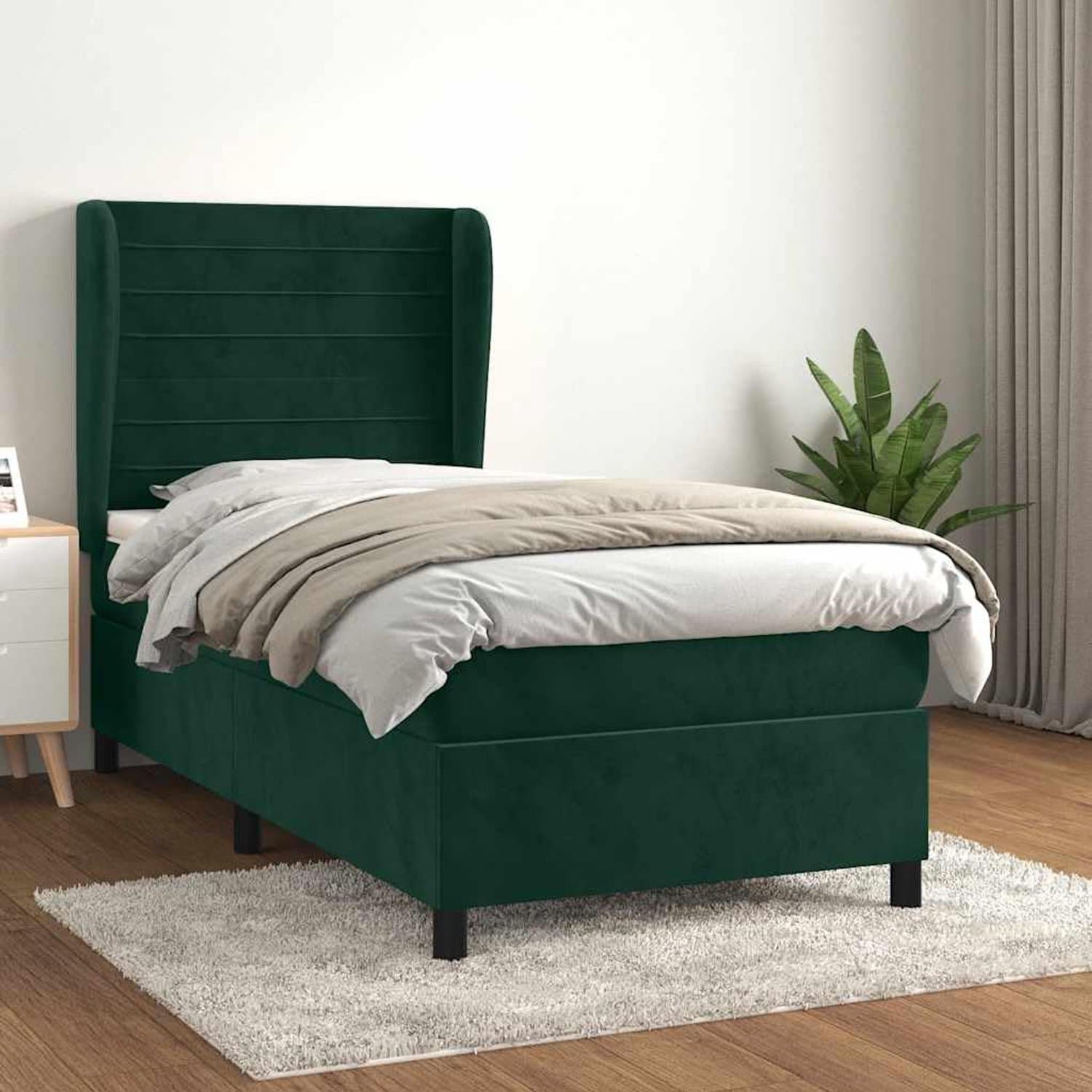 Boxspringbed met matras, donkergroen, 90 x 200 cm, fluweel, hoofdeinde, in hoogte verstelbaar, pocketveringmatras, middelhard, huidvriendelijk, voor een goede nachtrust
