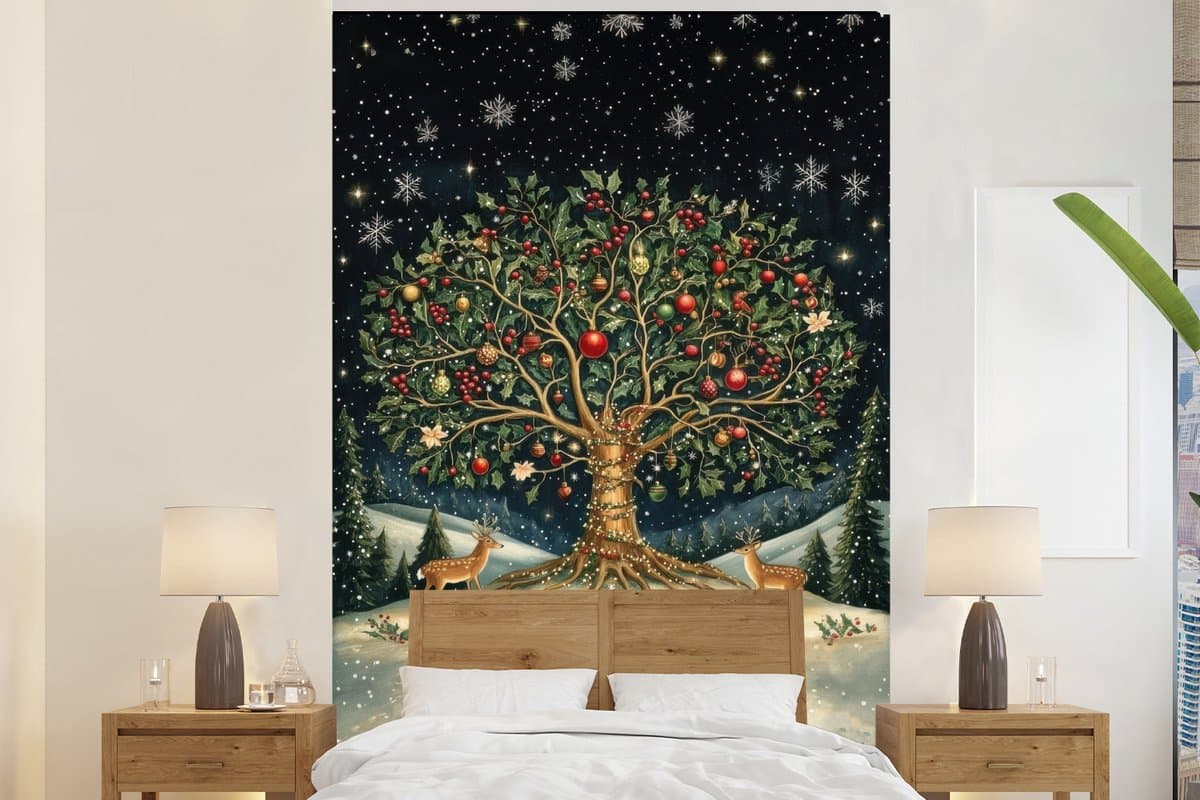 Behang - Fotobehang Feestboom - Winterhemel - Kleurrijk - Breedte 160 cm x hoogte 240 cm