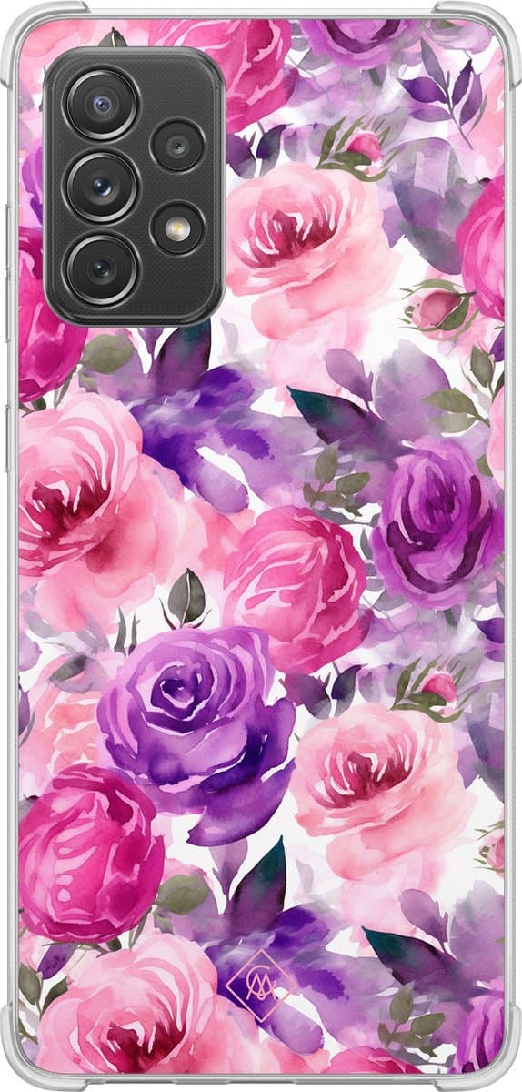 Casimoda® hoesje - Geschikt voor Samsung Galaxy A52 5G - Rosy Blooms - Shockproof case - Extra sterk - TPU/polycarbonaat - Paars, Transparant
