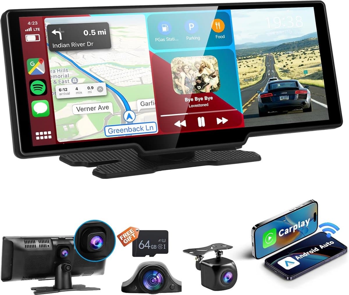 Draagbare Autoradio met 10,26 inch Touchscreen, Navigatie, Bluetooth en 3-weg HD-camera