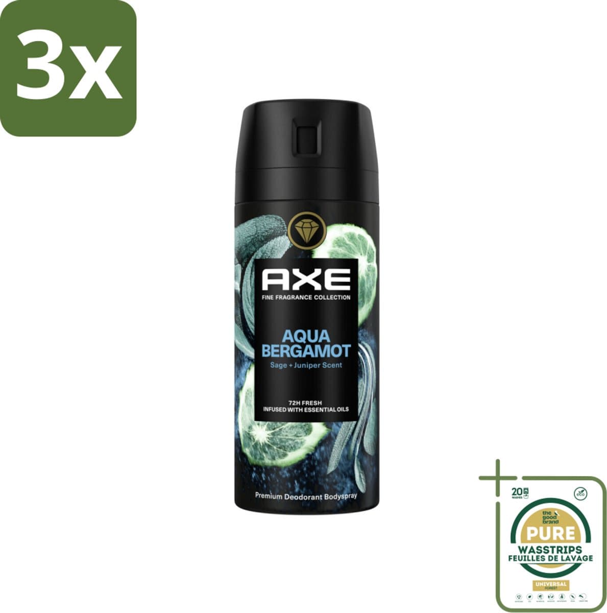 3 x Axe Deodorant Bodyspray Aqua Bergamot 150 ml - Grootverpakking - Axe Aqua Bergamot - Deodorant Bodyspray - 72 Uur Bescherming - Premium Geur - Bergamot Geur