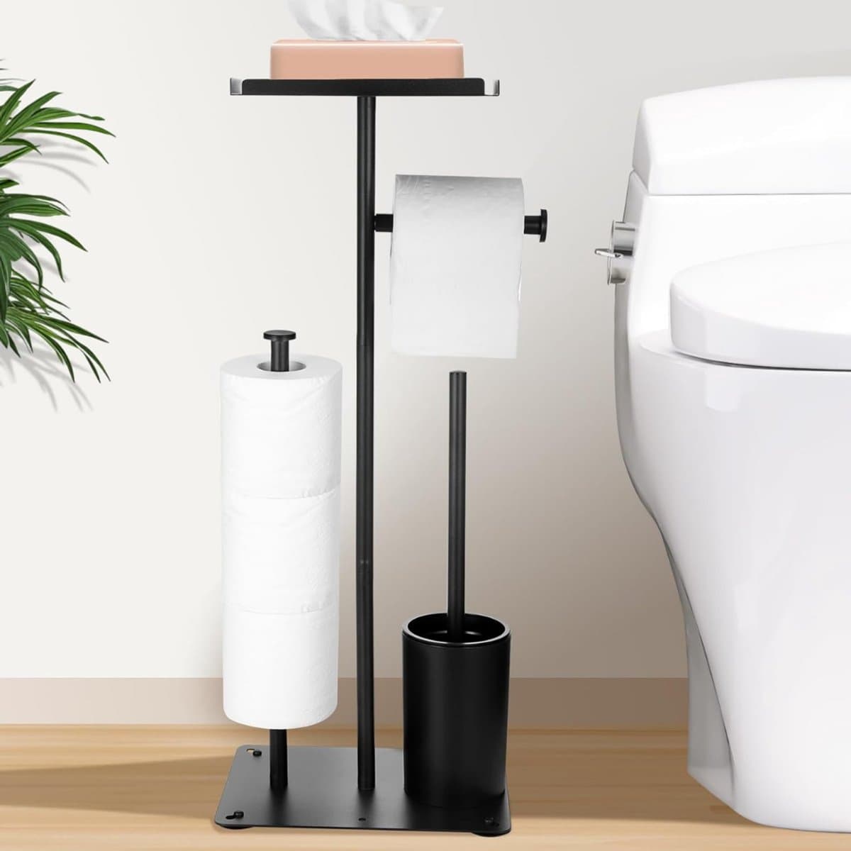 MIRA® Toiletbutler - Toiletrolhouder - Multifunctionele Toiletbutlet - WC - Borstel - met Plank - Zwart - 26cm x 11cm x 3cm