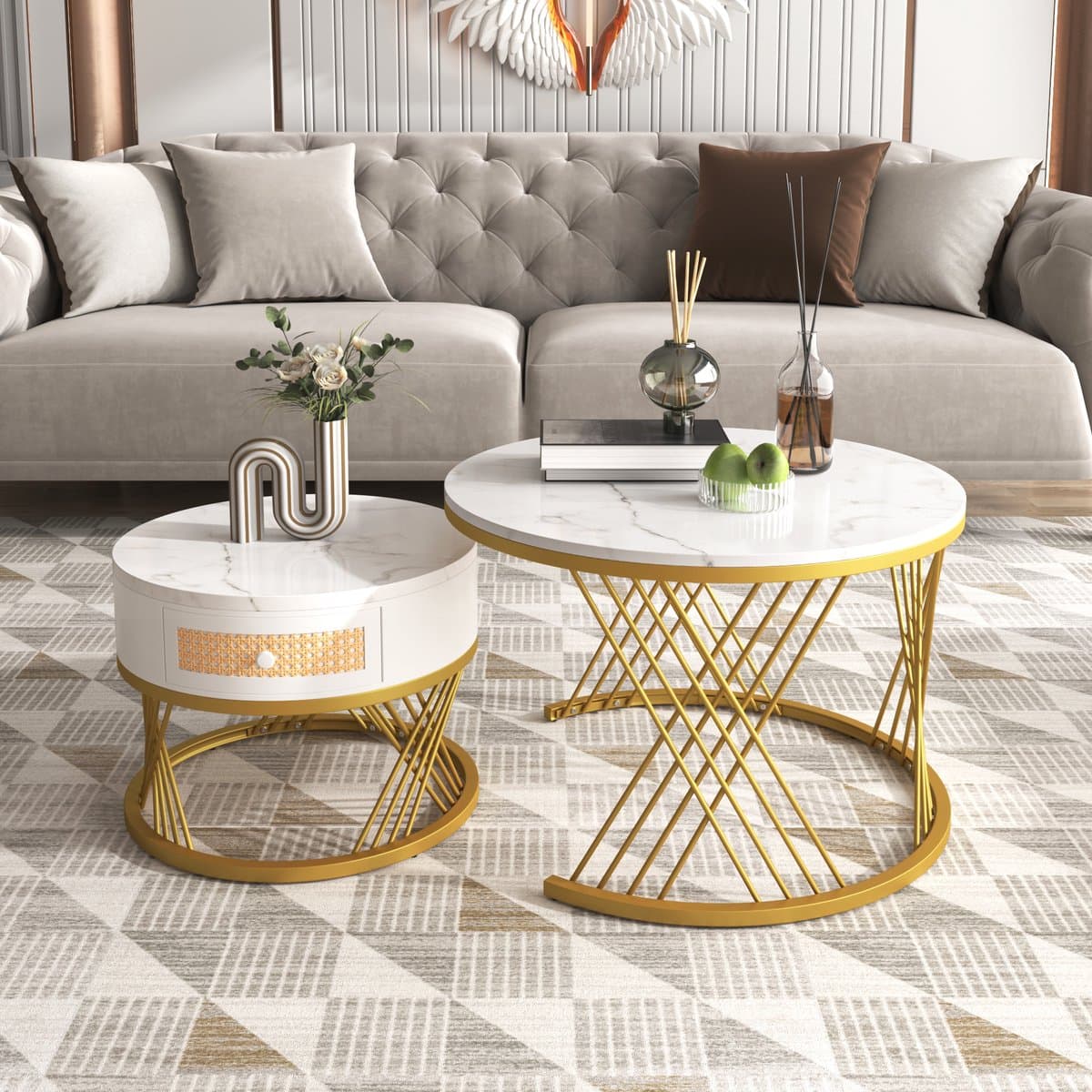 Salontafel Set - 70x70 + 50x50 cm - 2-in-1 Rond Marmerlook - met Rattan en Goud - MDF - Goud