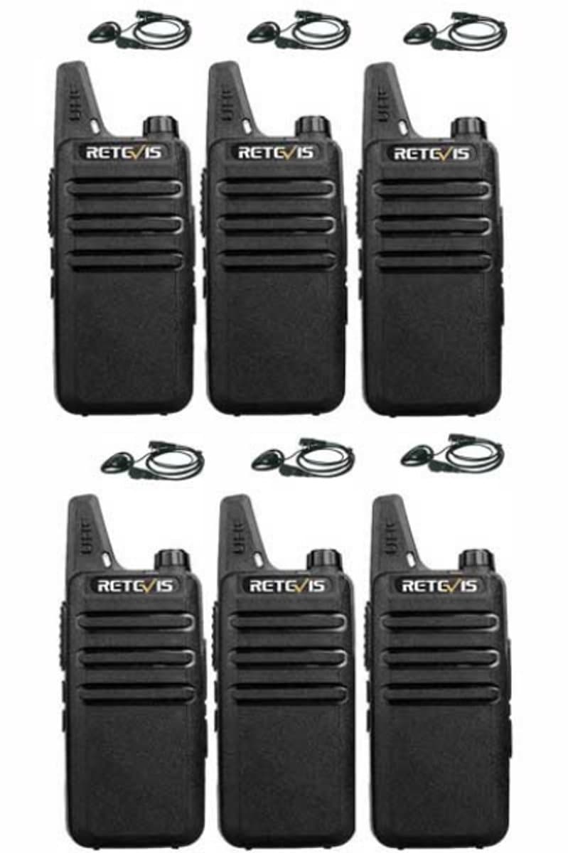 Set van 6 Retevis RT622 vergunning vrije UHF mini portofoons met D-shape oortje