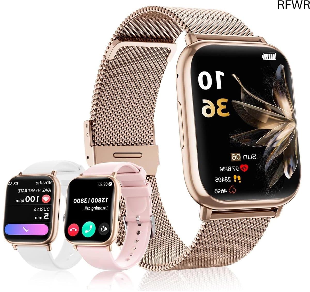 RFWR® Fitness Smartwatch voor Dames met Telefoonfunctie - 1,83 inch Touchscreen, Bloeddrukmeting, Slaapmonitor, Hartslagmeter, 120+ Sportmodi