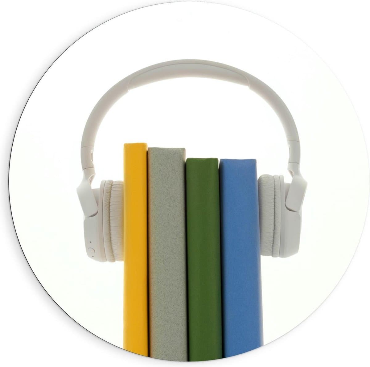 Dibond Wandcirkel - Witte Koptelefoon op Gekleurde Boeken - 90x90cm Foto op Aluminium Wandcirkel (met ophangsysteem)