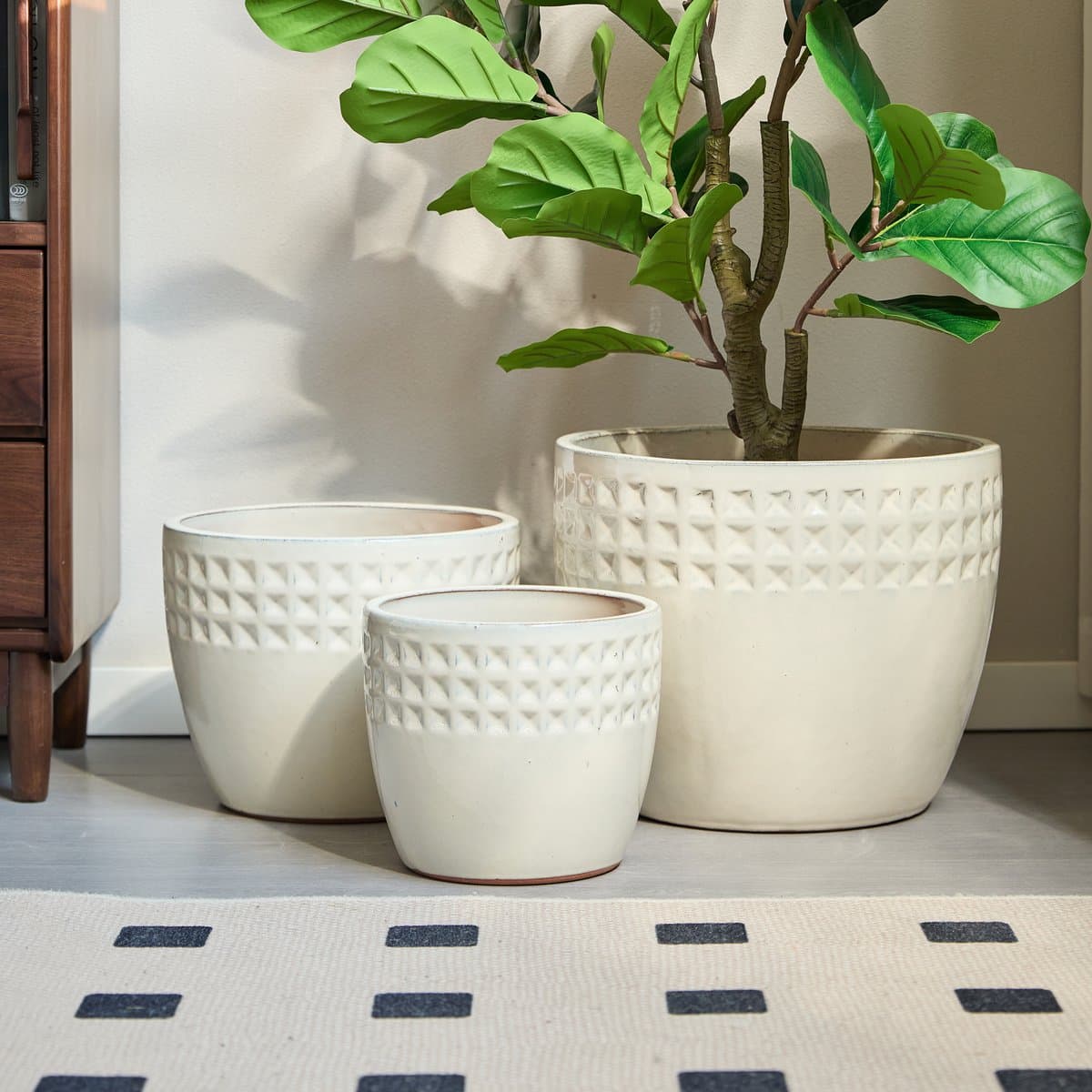 COVREO Bloempot set 3-delig Ø38, 30,5 en 23 cm crèmewit keramiek rond