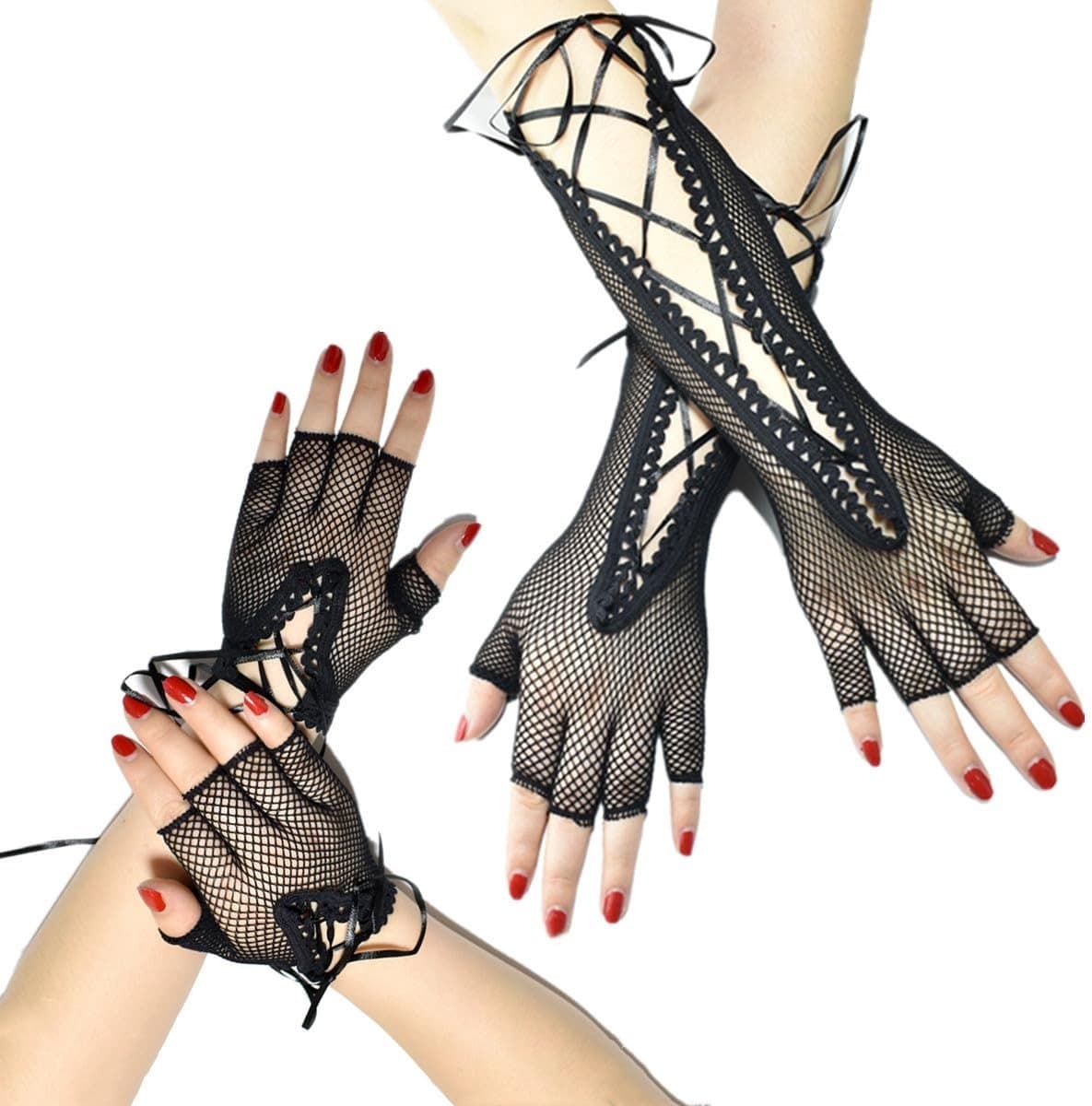 Dailygoods- Vingerloze Handschoenen - 2 Paar - Zwarte Visnet/Handschoenen - Lange/Korte Steampunk - Elastische Halve Vingerhandschoenen - Geschikt voor Themafeesten - Mesh Handschoenen