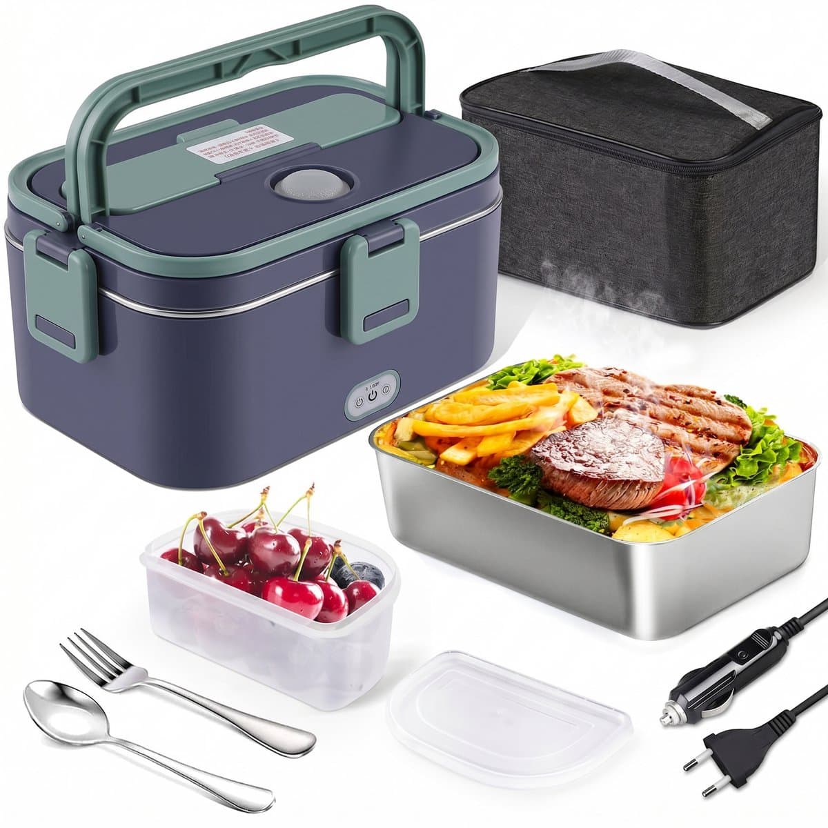 Fokelyi Elektrische Lunchbox - rvs lunchbox - Verschillende Compartimenten - 220V - voor Warme Maaltijden - 1.8L - Lunchtrommel - lunchbox volwassenen - voor auto Vrachtwagen Kantoor