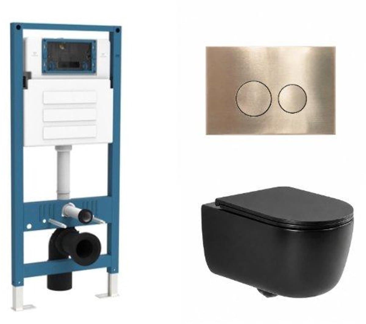 QeramiQ Dely Swirl Toiletset - inbouwreservoir Qeramiq Flush - slim zitting - metaal messing geborstelde bedieningsplaat - ronde knoppen - mat zwart