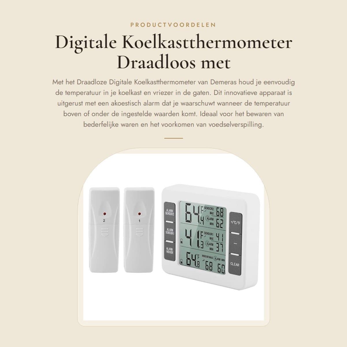 Dailygoods - Digitale Koelkastthermometer - Draadloos met Geluidsalarm - 2 Sensoren - Temperatuurmeting - Voor Koelkast en Vrieskist - Nauwkeurige Met...