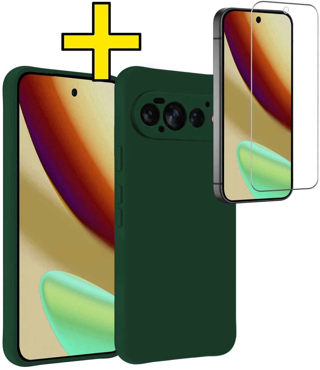 Hoesje - Met Screenprotector - Geschikt voor Google Pixel 11 Pro - Sterk & Shockproof - Back Cover - Siliconen Case - Telefoon Hoes - Telefoonhoesjes - Donkergroen