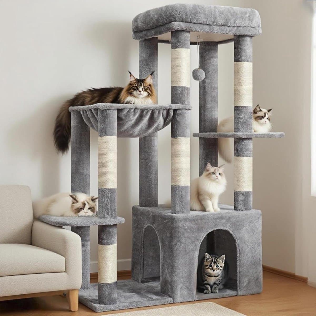 Krabpaal voor Katten - Kattenboom Klimmeubel - Spelen en Ontspannen - XXL Stabiele Basis - 120 cm Hoog - Lichtgrijs