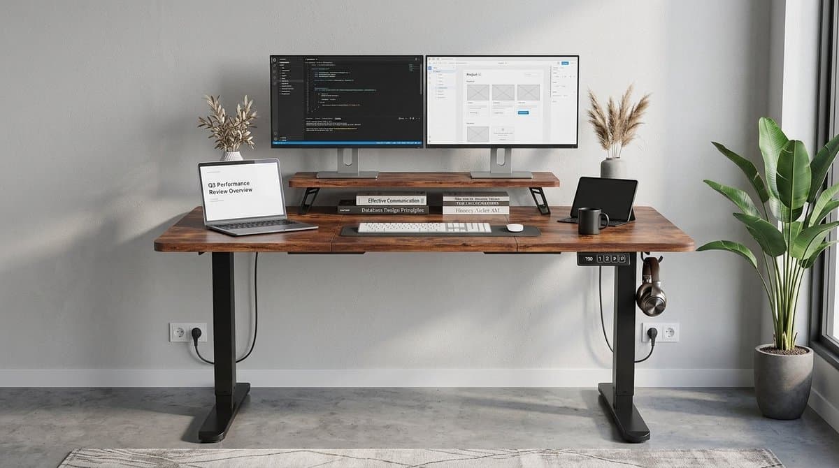 Elektrisch Zit-Sta Bureau 160x70 cm – House&Garden Vision Pro Rustic – In Hoogte Verstelbaar Bureau met Monitorstandaard, Geheugenfunctie, Bekerhouder en Hoofdtelefoonhaak – Ergonomisch Thuiswerk Bureau voor Kantoor en Gaming – Vintage Bruin