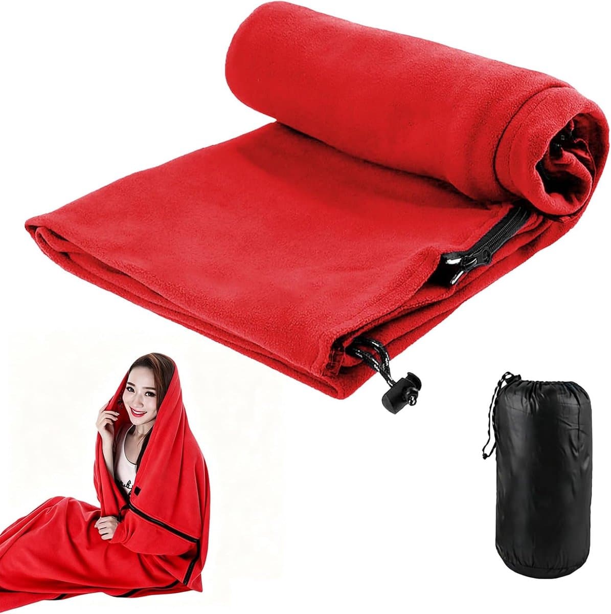 180 x 82 cm, fleece, huttenslaapzak voor lente en zomer, 2-weg-ritssluiting, koppelbaar met dubbele slaapzak, zacht, wasbaar, grijs, zwart, blauw, rood