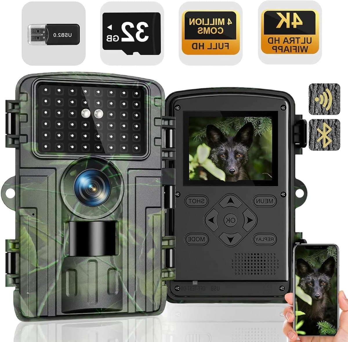 Wildcamera - Nachtzicht Camera - Natuurlijk Gedrag Observeren - 4K Video en 60MP Foto's - 120° Groothoeklens - Bruin