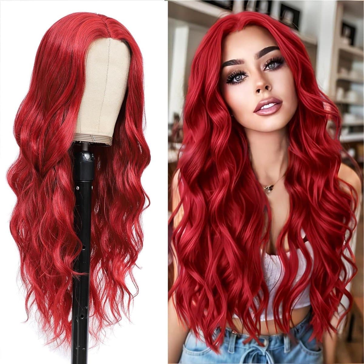 Dames Pruik Rood - Lang Golvend Haar - Feest Cosplay - Hittebestendig Synthetisch - 26 Inch - Rood