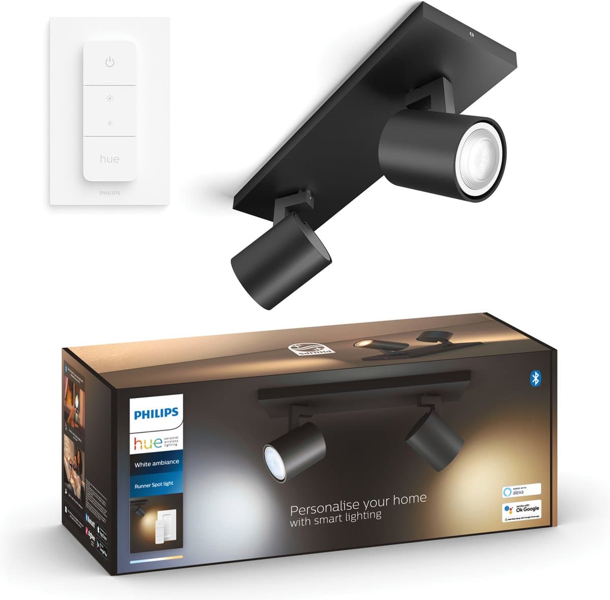 Philips Hue Runner opbouwspot White Ambiance - 2 Spots - Zwart + Dimmer