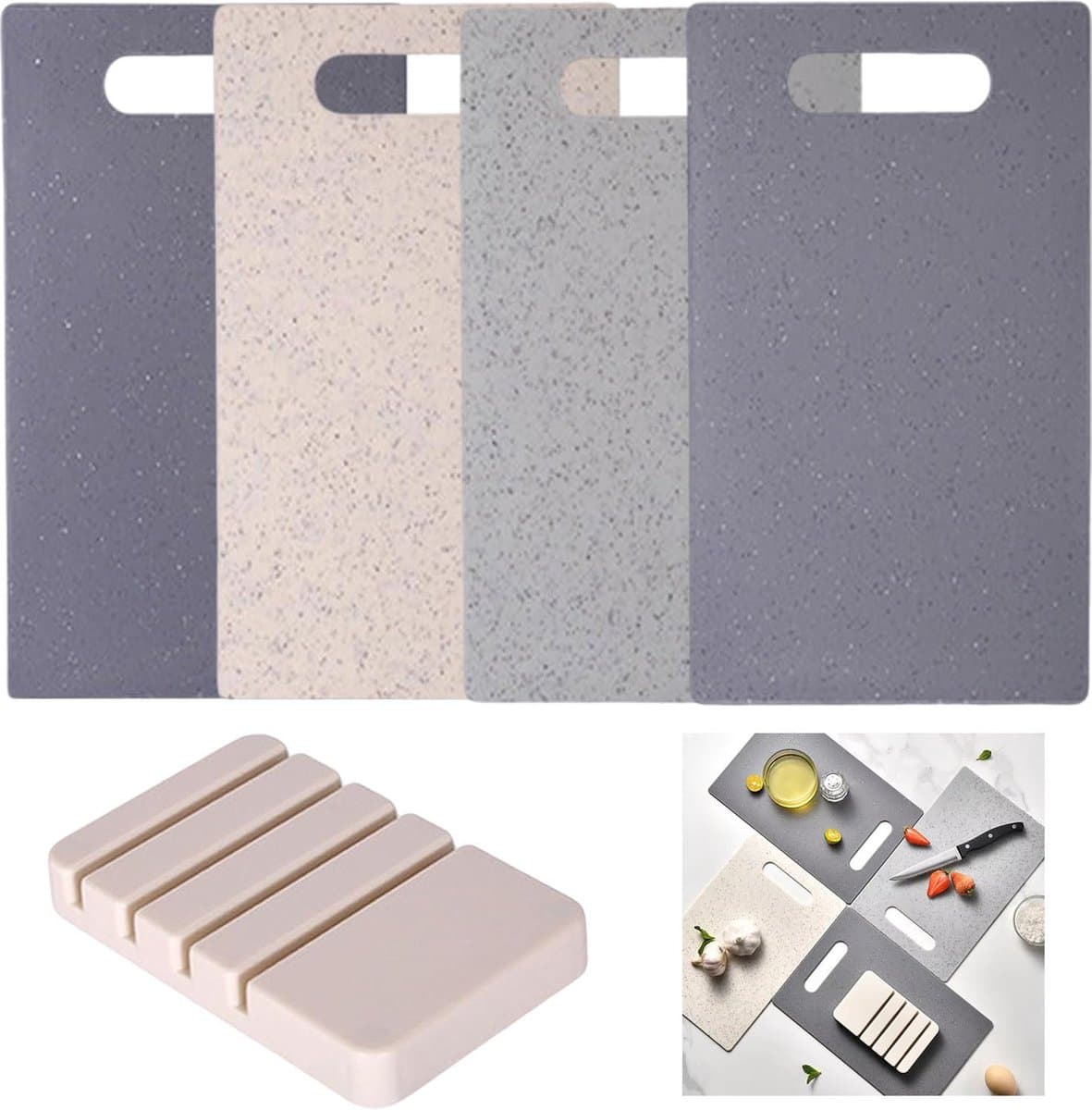 Selbro ® Uitgebreide Set van Vier Keukensnijplanken met Handgrepen en Opbergstandaard voor Diverse Toepassingen