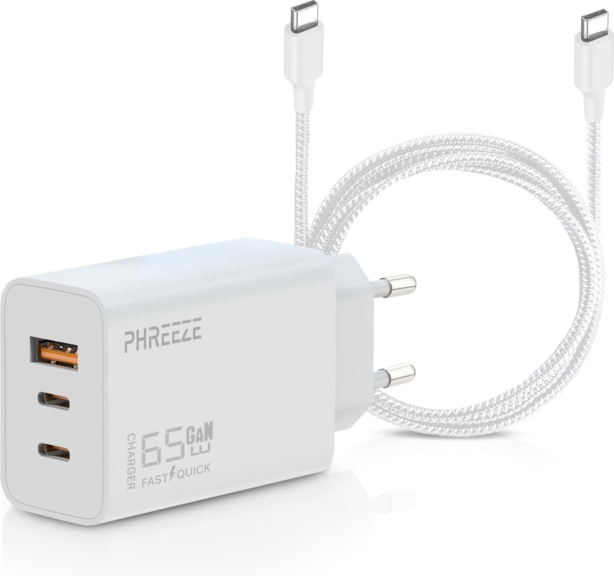 3-in-1 USB C Adapter 65W - 2 Meter Oplader USB C naar USB C Kabel - Snellader voor Laptop, Telefoon, Tablet, Koptelefoon, Oortjes, Powerbank etc.,