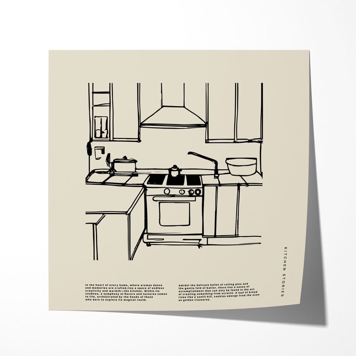 Kitchen Stories Keuken Beige - Poster 100x100 cm vierkant Sfeervolle wanddecoratie voor woonkamer en slaapkamer - Premium papier - Zonder lijst