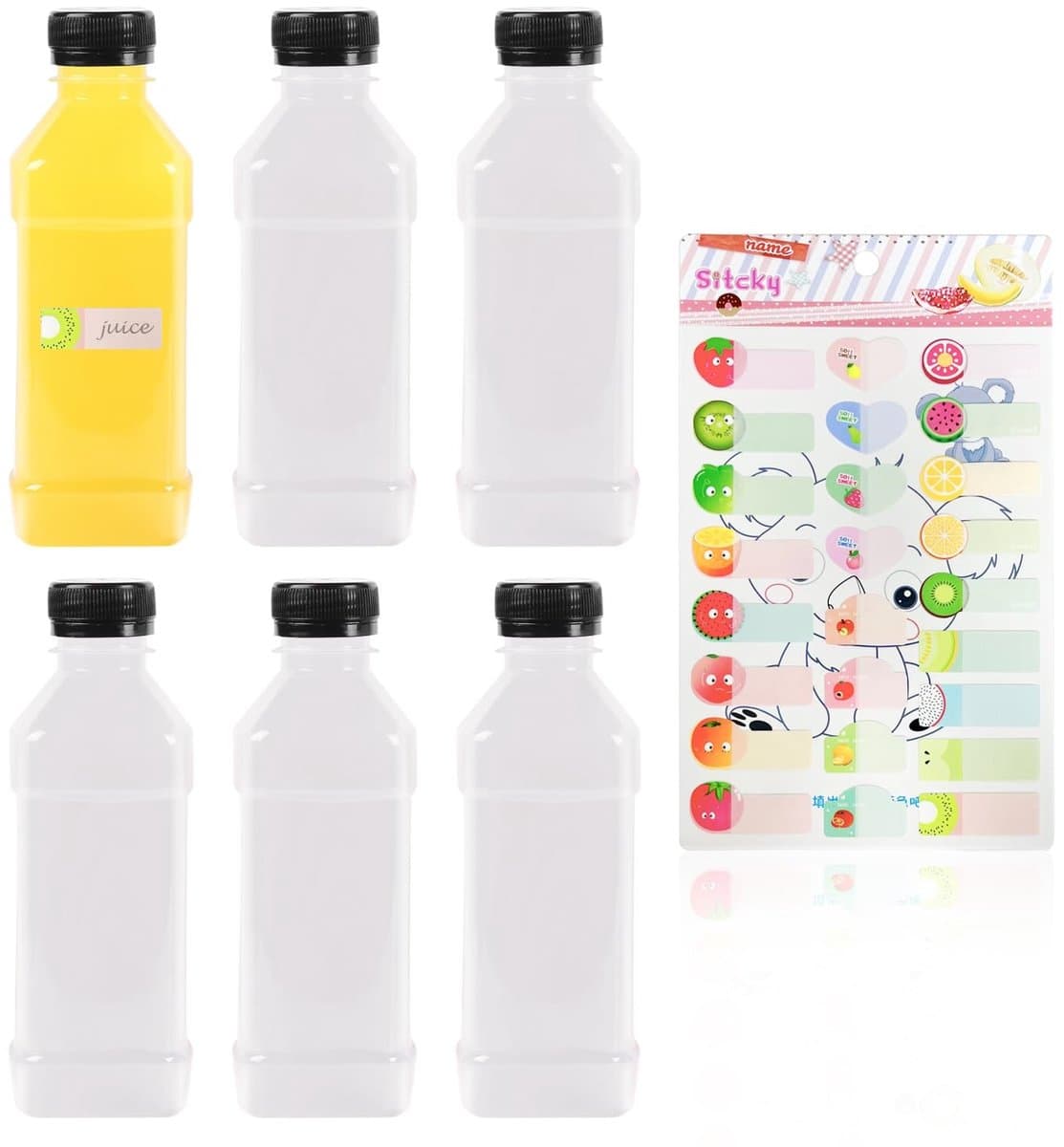 Set van 6 Transparante Sapflessen 250ml - Herbruikbare PET Flessen met Zwarte Deksel en Fruitstickers
